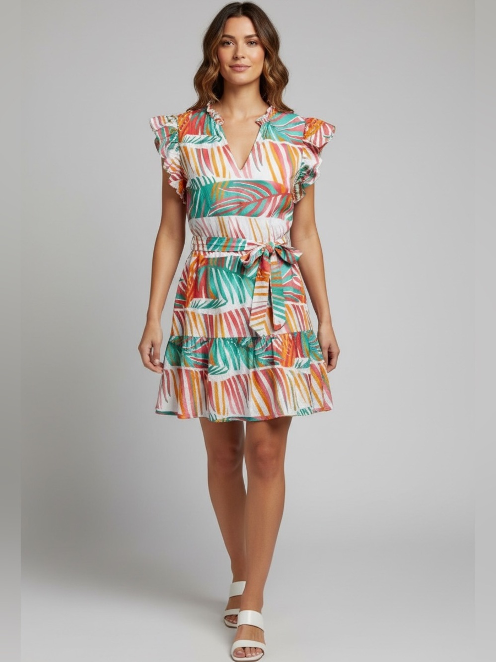 Willa Story Palm Print Flutter Sleeve Tiered V Neck Dress Size M
